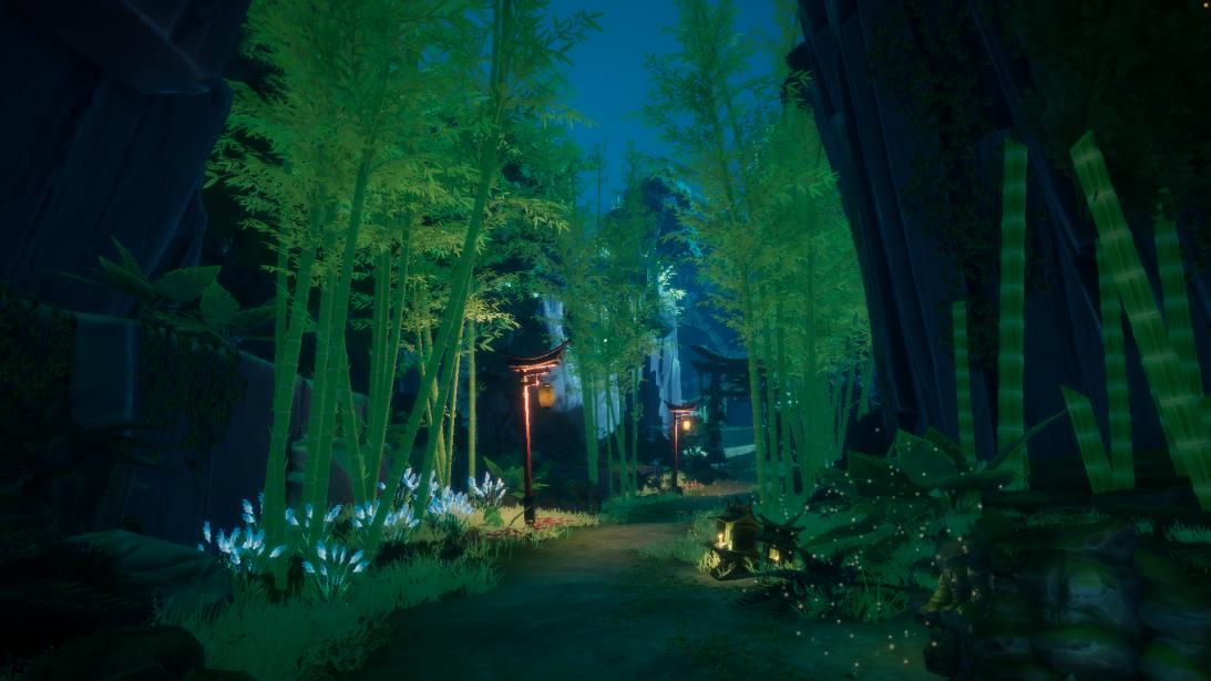 Bamboo forest area illuminated by lanterns