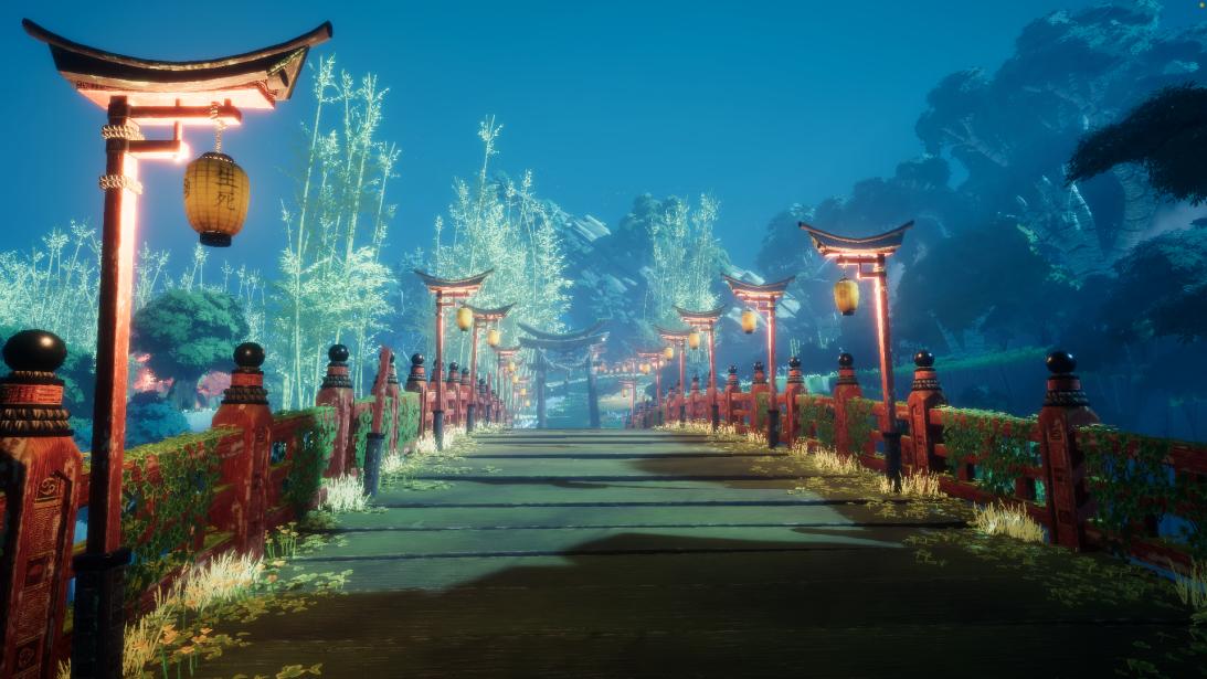 Lantern-lined bridge and torii gates in Eastern Forest