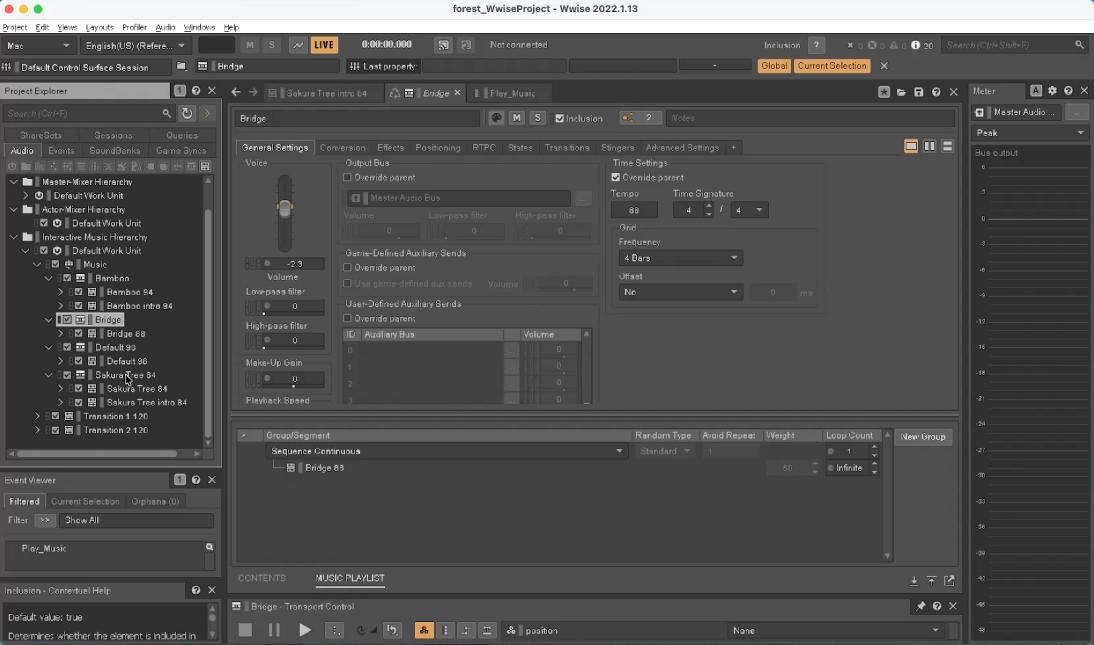 Wwise project showing the Eastern Forest interactive music system